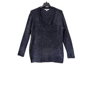 Orvis Sweater Womens Large Blue Long Sleeve Pullover Velour V-Neck Sofy Cozy